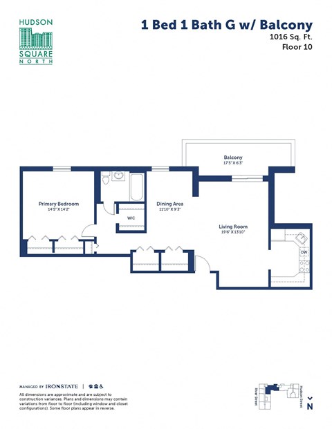Floor plan for 1 bed, 1 bath, 1016 sqft